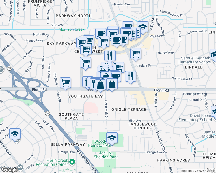 map of restaurants, bars, coffee shops, grocery stores, and more near 7221 Florin Mall Drive in Sacramento