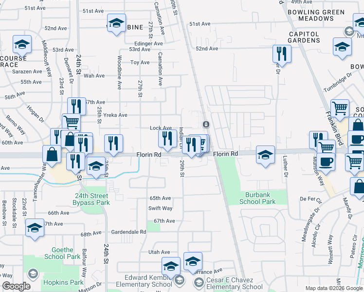 map of restaurants, bars, coffee shops, grocery stores, and more near in Sacramento