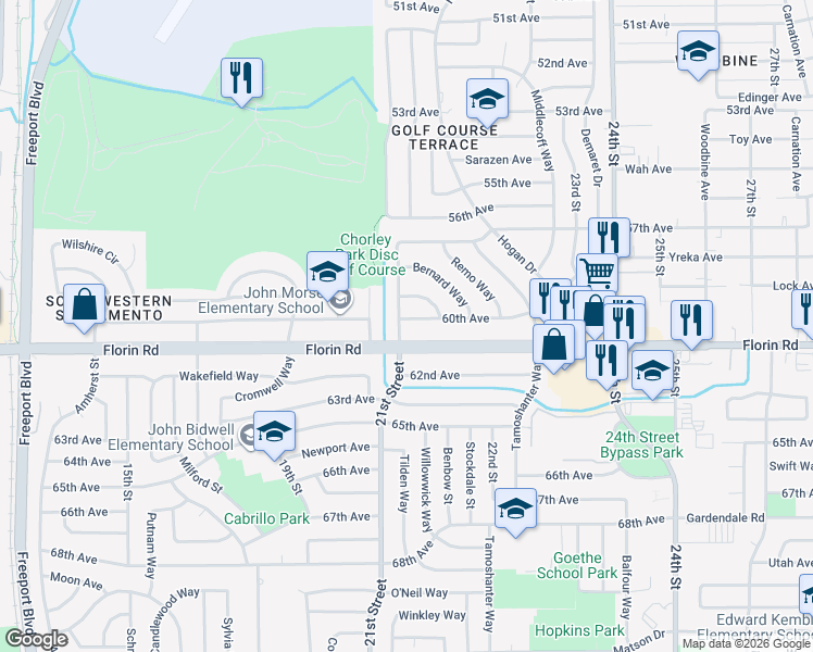 map of restaurants, bars, coffee shops, grocery stores, and more near 2101 Florin Road in Sacramento