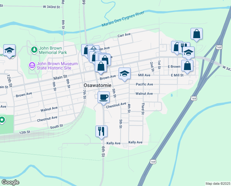 map of restaurants, bars, coffee shops, grocery stores, and more near 505 West Walnut Avenue in Osawatomie