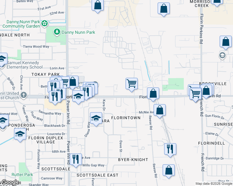 map of restaurants, bars, coffee shops, grocery stores, and more near 8245 Florin Road in Sacramento