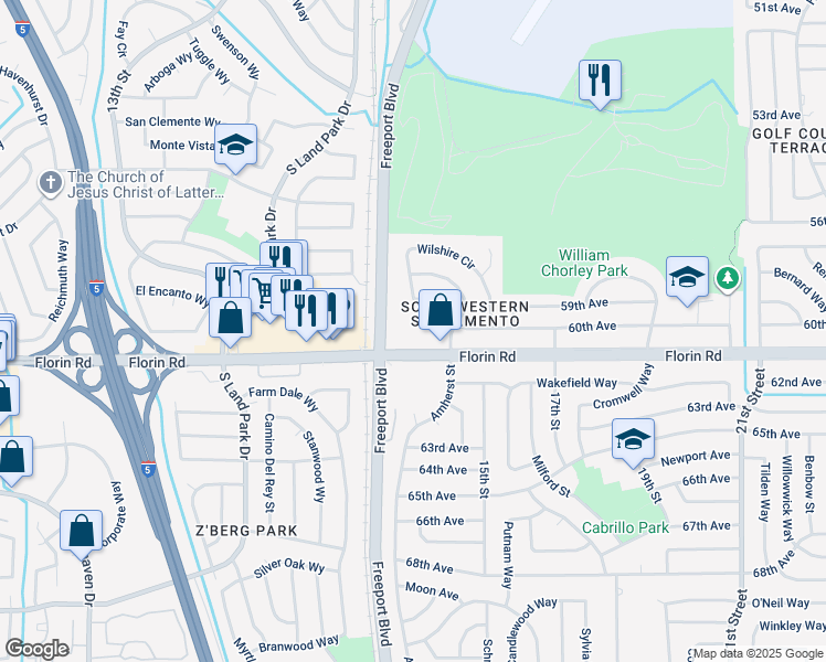 map of restaurants, bars, coffee shops, grocery stores, and more near 1355 Florin Road in Sacramento