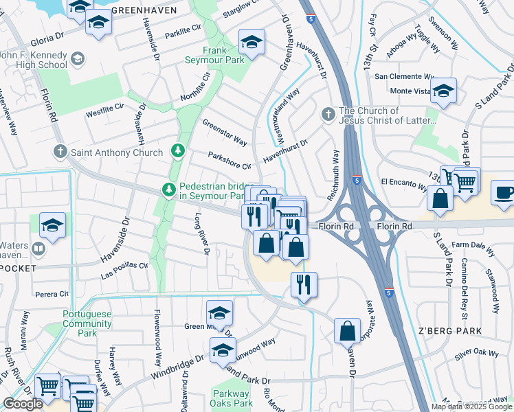 map of restaurants, bars, coffee shops, grocery stores, and more near Greenhaven Drive in Sacramento