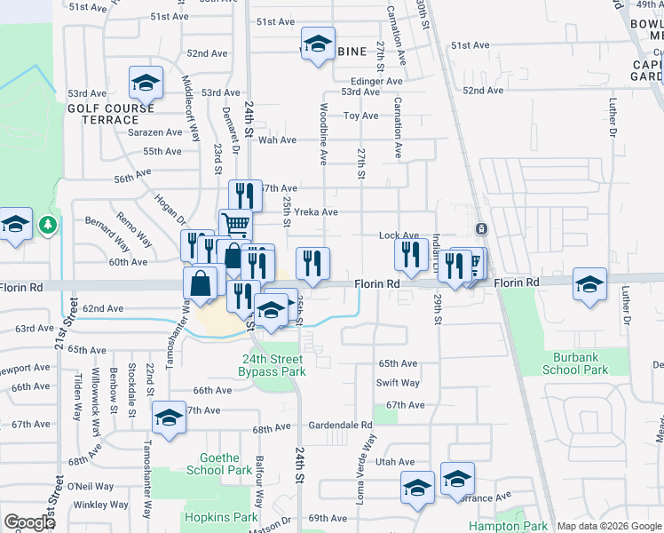 map of restaurants, bars, coffee shops, grocery stores, and more near 7141 Woodbine Avenue in Sacramento