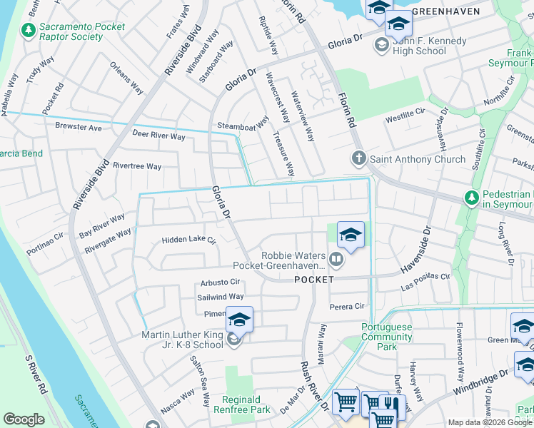 map of restaurants, bars, coffee shops, grocery stores, and more near 552 Rivergate Way in Sacramento