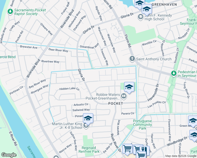 map of restaurants, bars, coffee shops, grocery stores, and more near 552 Rivergate Way in Sacramento