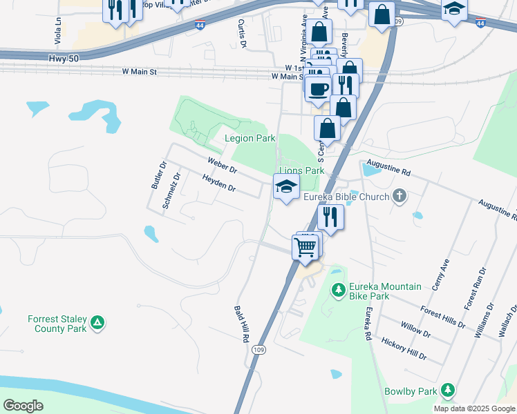 map of restaurants, bars, coffee shops, grocery stores, and more near 503 Bald Hill Road in Eureka