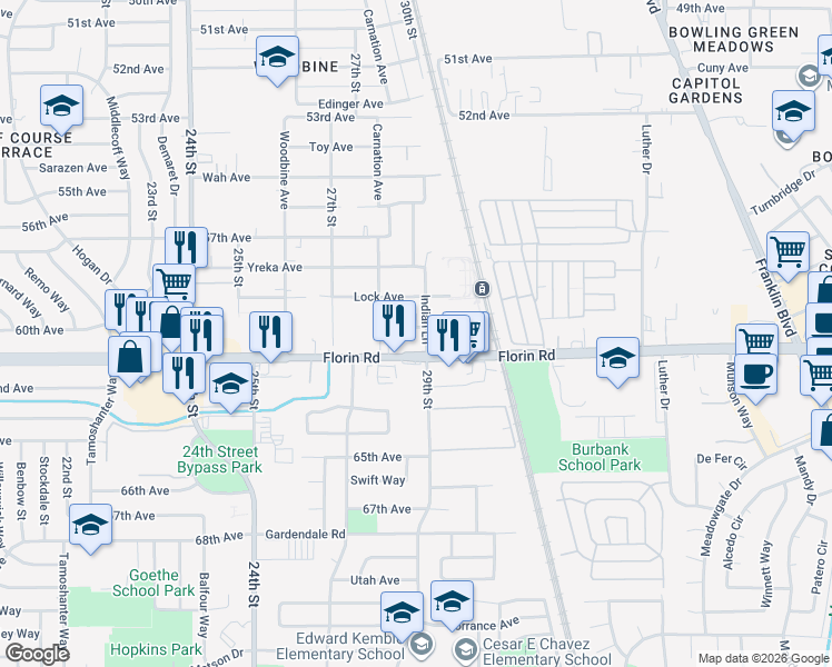 map of restaurants, bars, coffee shops, grocery stores, and more near 7120 Indian Lane in Sacramento