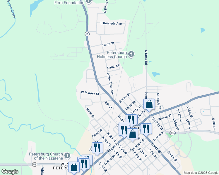 map of restaurants, bars, coffee shops, grocery stores, and more near Matilda Street in Petersburg