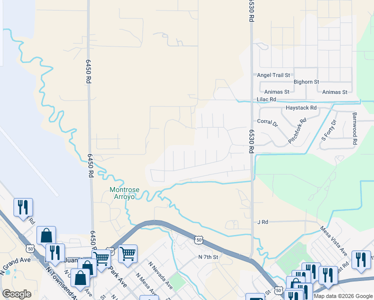 map of restaurants, bars, coffee shops, grocery stores, and more near 1023 Deer Trail Road in Montrose