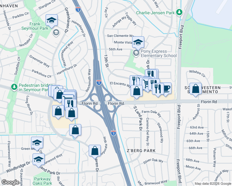 map of restaurants, bars, coffee shops, grocery stores, and more near 7068 El Sereno Circle in Sacramento