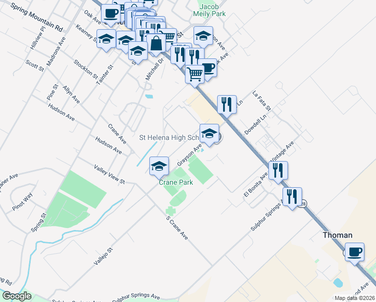 map of restaurants, bars, coffee shops, grocery stores, and more near 1492 Grayson Avenue in Saint Helena