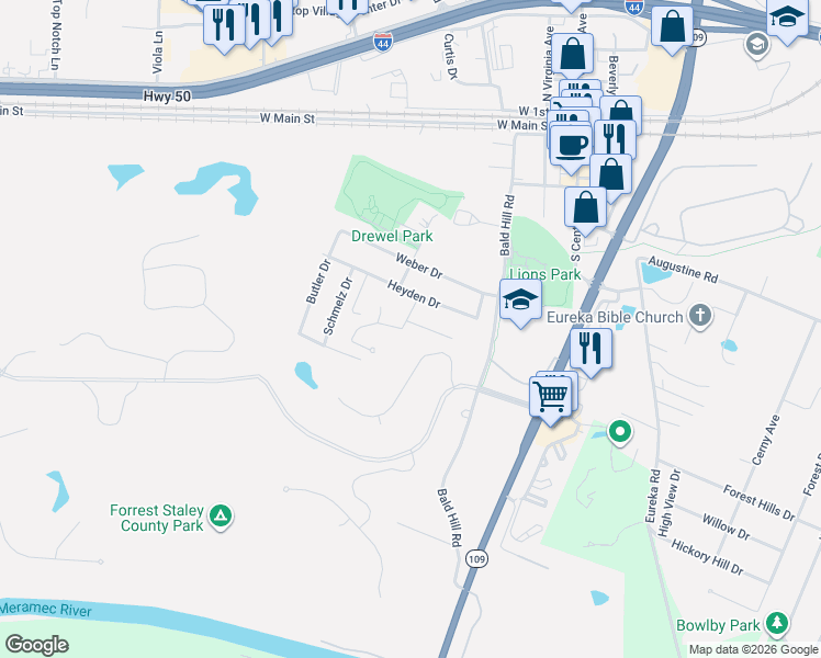 map of restaurants, bars, coffee shops, grocery stores, and more near 456 Eagle Pointe Landing Drive in Eureka