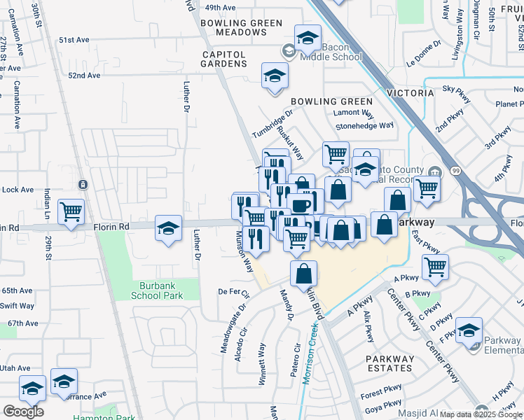 map of restaurants, bars, coffee shops, grocery stores, and more near 3850-3950 Florin Road in Sacramento
