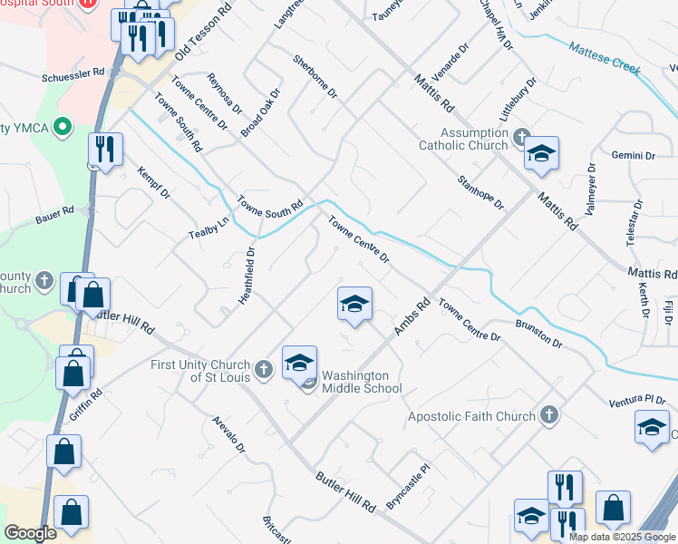 map of restaurants, bars, coffee shops, grocery stores, and more near 5018 Peyton Place Court in St. Louis