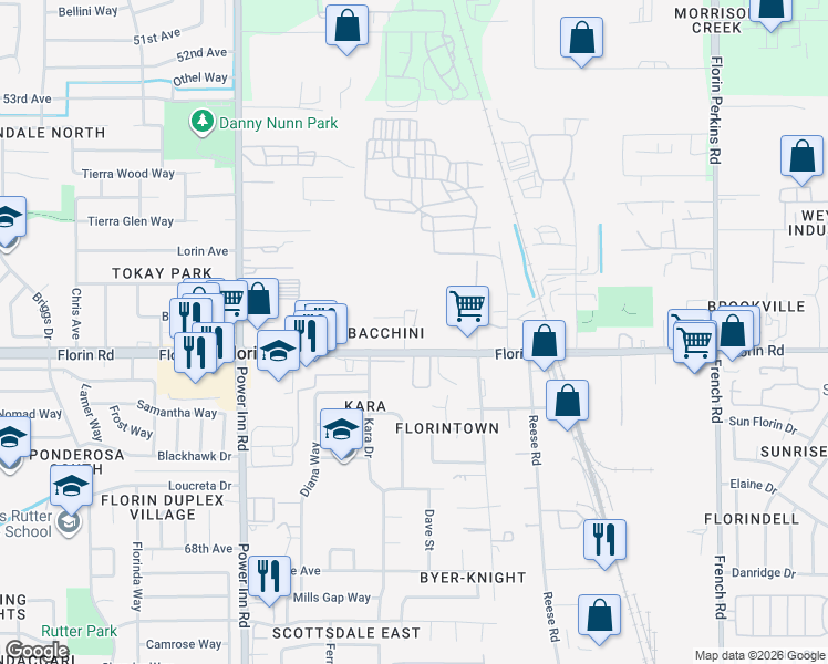map of restaurants, bars, coffee shops, grocery stores, and more near 8245 Florin Road in Sacramento