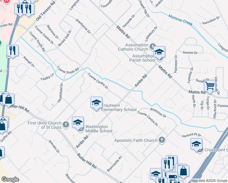 map of restaurants, bars, coffee shops, grocery stores, and more near 4726 Towne Centre Drive in St. Louis