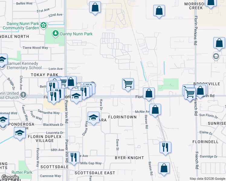 map of restaurants, bars, coffee shops, grocery stores, and more near 8245 Florin Road in Sacramento
