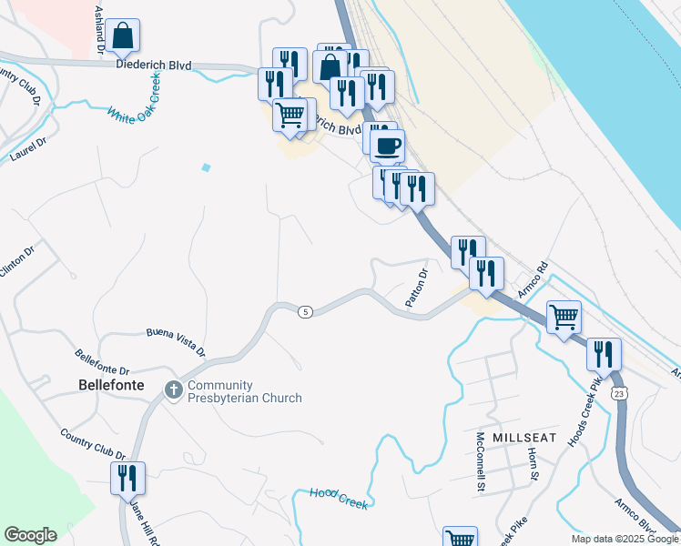 map of restaurants, bars, coffee shops, grocery stores, and more near 300 Bellefonte Princess Road in Ashland