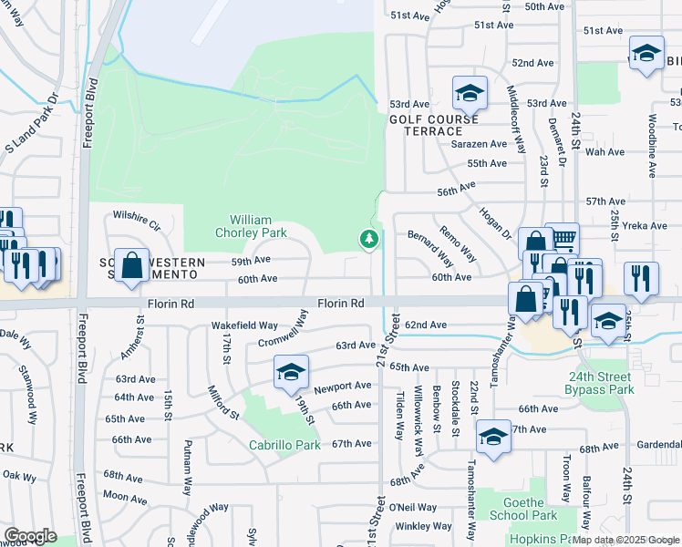map of restaurants, bars, coffee shops, grocery stores, and more near 1901 60th Avenue in Sacramento