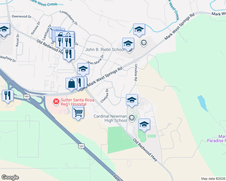 map of restaurants, bars, coffee shops, grocery stores, and more near 187 Dorchester Court in Santa Rosa