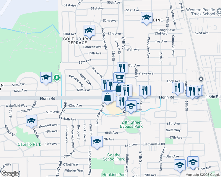 map of restaurants, bars, coffee shops, grocery stores, and more near 7079 Hogan Drive in Sacramento
