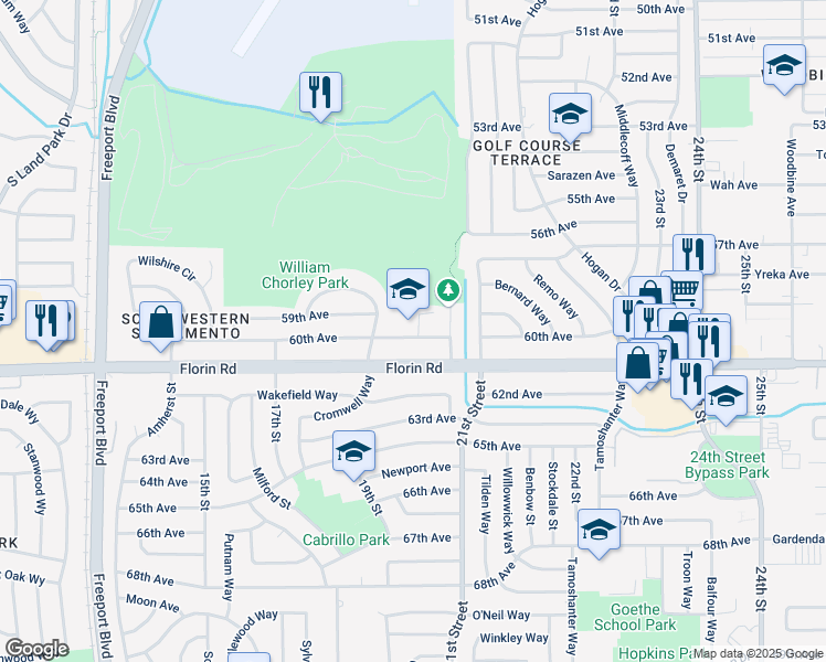 map of restaurants, bars, coffee shops, grocery stores, and more near 1901 60th Avenue in Sacramento