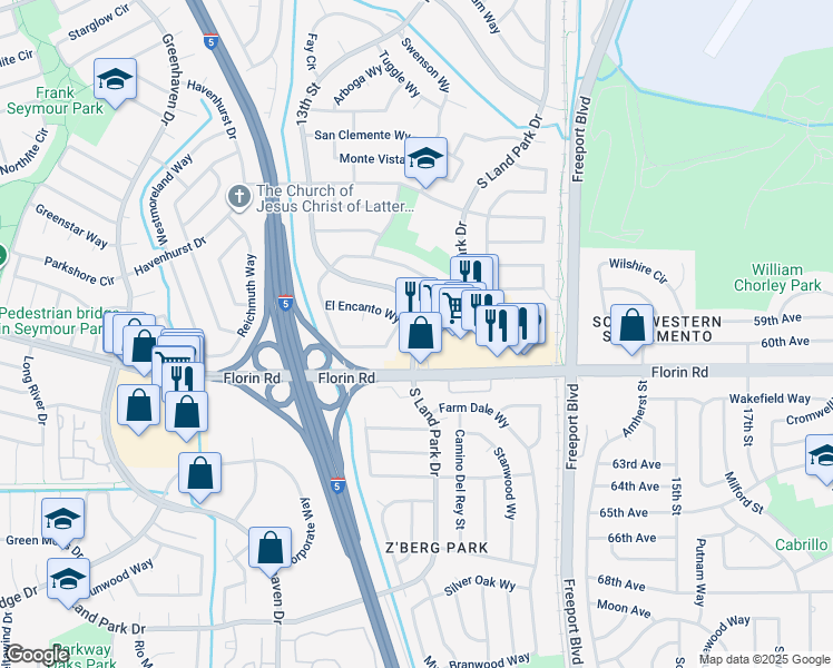 map of restaurants, bars, coffee shops, grocery stores, and more near 7048 13th Street in Sacramento