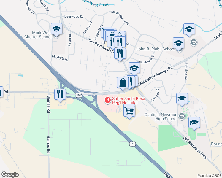 map of restaurants, bars, coffee shops, grocery stores, and more near 211 ESPOSTI Meadows Way in Santa Rosa