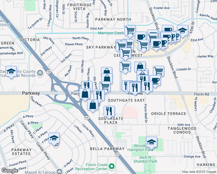 map of restaurants, bars, coffee shops, grocery stores, and more near 5601 Florin Rd in Sacramento