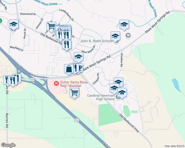 map of restaurants, bars, coffee shops, grocery stores, and more near 51 Oxford Court in Santa Rosa