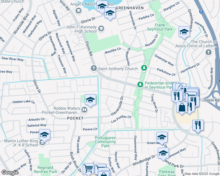 map of restaurants, bars, coffee shops, grocery stores, and more near 2 Manteca Court in Sacramento