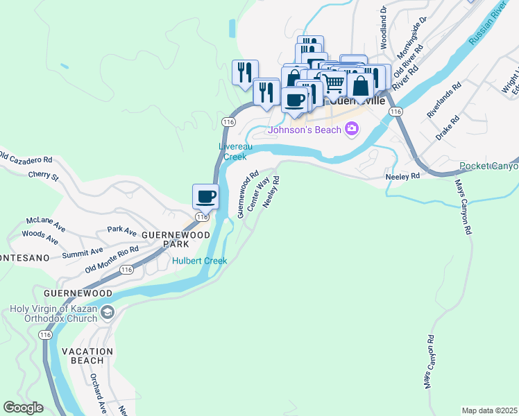 map of restaurants, bars, coffee shops, grocery stores, and more near 16690 Neeley Road in Guerneville