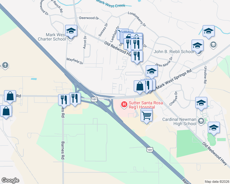 map of restaurants, bars, coffee shops, grocery stores, and more near 175 Lavell Road in Santa Rosa