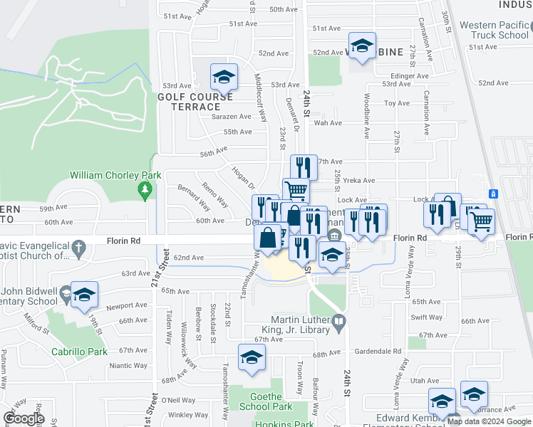 map of restaurants, bars, coffee shops, grocery stores, and more near 7071 Demaret Drive in Sacramento