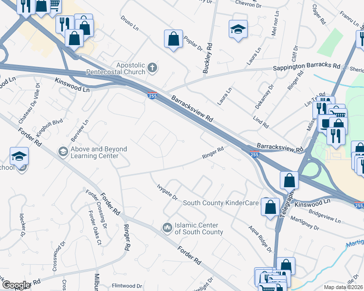 map of restaurants, bars, coffee shops, grocery stores, and more near 812 Rinzetta Drive in St. Louis