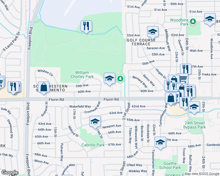 map of restaurants, bars, coffee shops, grocery stores, and more near 1901 60th Avenue in Sacramento
