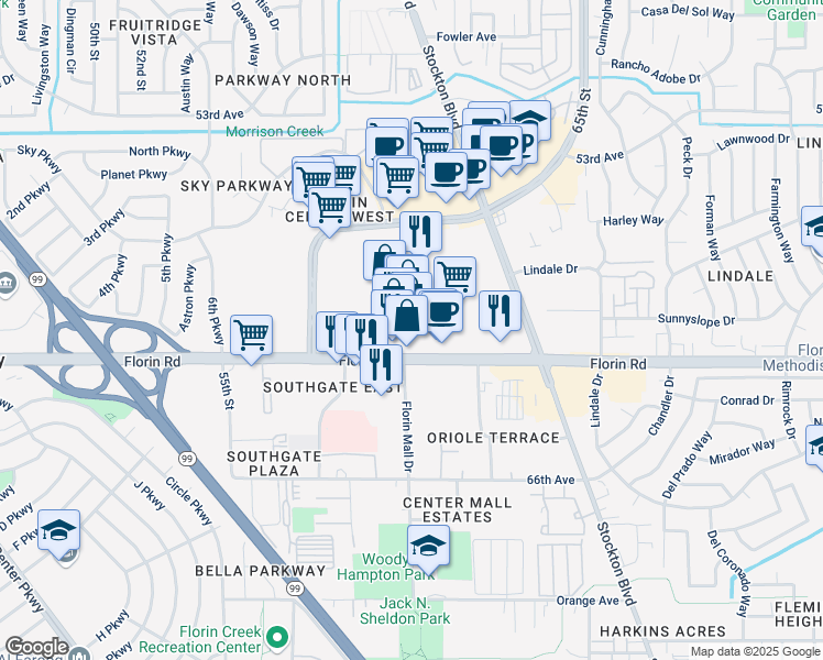 map of restaurants, bars, coffee shops, grocery stores, and more near in Sacramento
