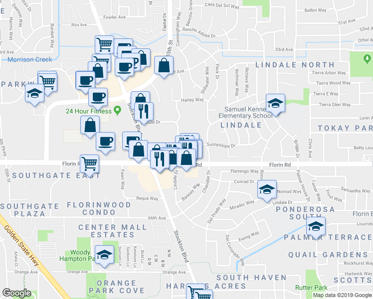 map of restaurants, bars, coffee shops, grocery stores, and more near 6601 Sunnyslope Drive in Sacramento