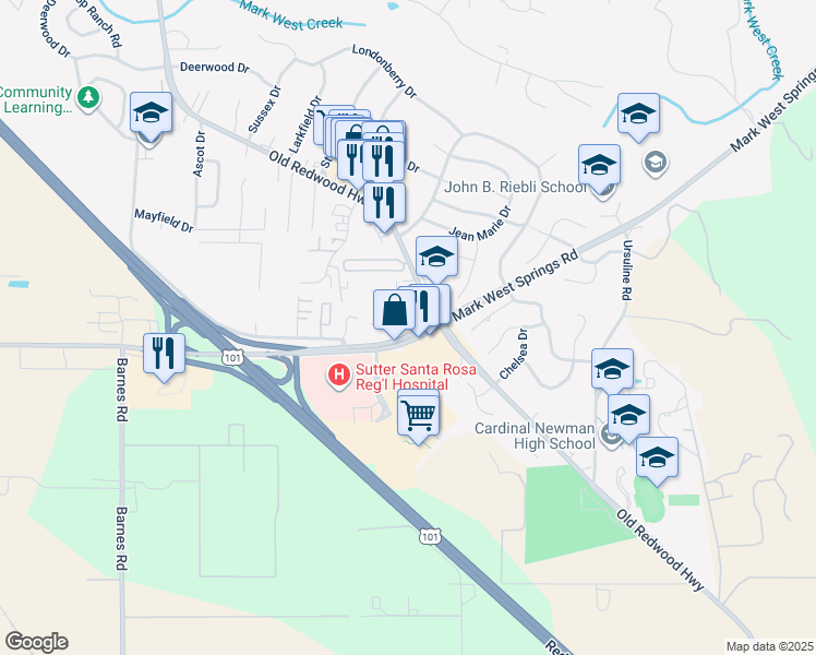 map of restaurants, bars, coffee shops, grocery stores, and more near 4042 Alexander David Court in Larkfield-Wikiup