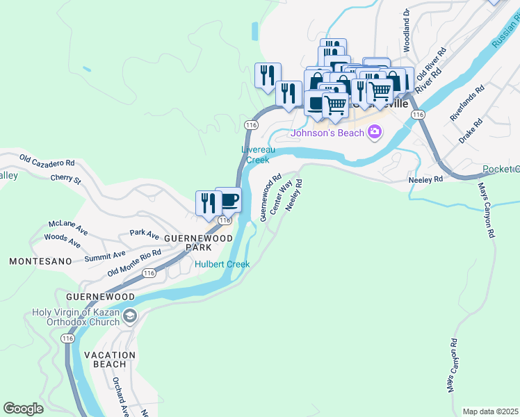 map of restaurants, bars, coffee shops, grocery stores, and more near 16746 Guernewood Road in Guerneville