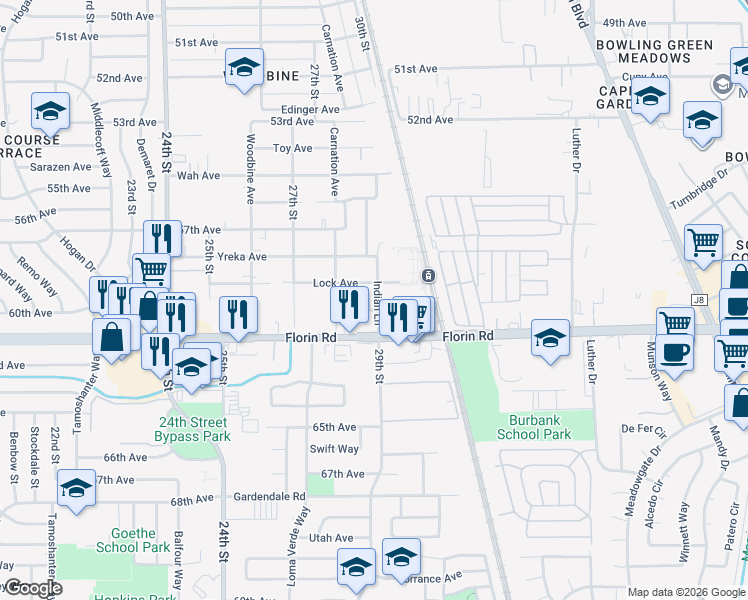 map of restaurants, bars, coffee shops, grocery stores, and more near 7135 Humanity Lane in Sacramento
