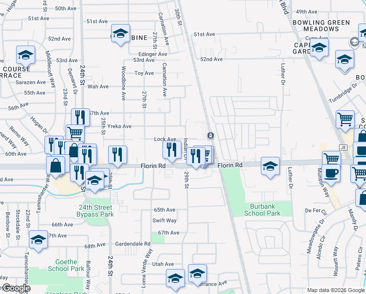 map of restaurants, bars, coffee shops, grocery stores, and more near 2816 Lock Avenue in Sacramento