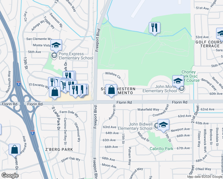 map of restaurants, bars, coffee shops, grocery stores, and more near 7020 Wilshire Circle in Sacramento