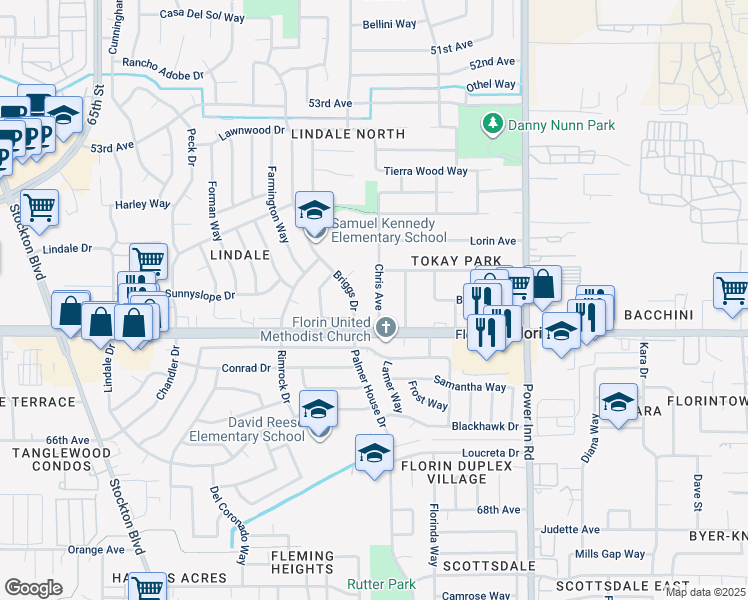 map of restaurants, bars, coffee shops, grocery stores, and more near 7141 Briggs Drive in Sacramento