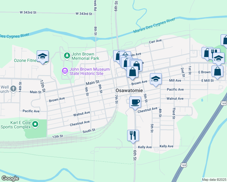 map of restaurants, bars, coffee shops, grocery stores, and more near 701 Brown Avenue in Osawatomie