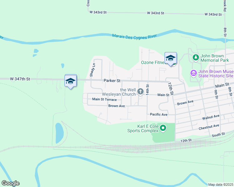 map of restaurants, bars, coffee shops, grocery stores, and more near 1632 Main Street in Osawatomie