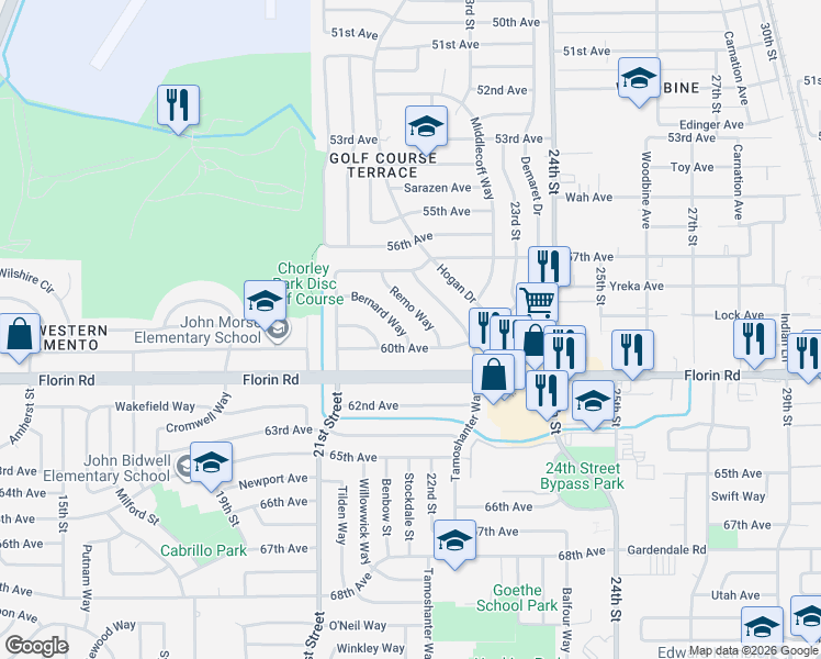 map of restaurants, bars, coffee shops, grocery stores, and more near 7060 Remo Way in Sacramento