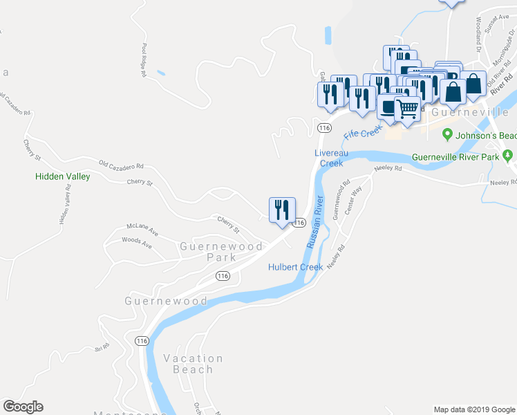 map of restaurants, bars, coffee shops, grocery stores, and more near 14165 Old Cazadero Road in Guerneville