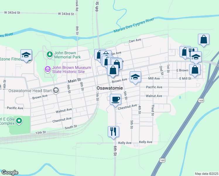 map of restaurants, bars, coffee shops, grocery stores, and more near in Osawatomie
